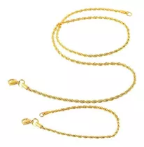 Conjunto Corrente 70cm 2mm Pulseira Torcida Aço Banhado Ouro