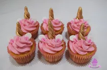 12 Cupcakes Unicornio Rosa Cuerno Dorado