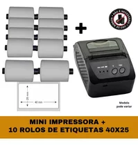 Mini Impressora Bluetooth + 10 Rolos Etiqueta Adesiva 40x25 Cor Preto