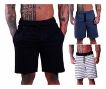 Kit 3 Bermudas Masculinas Moletom Caveira Floral Listrada 