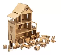 Casinha De Bonecas Polly +36 Móveis 60cm Mdf Desmontados Cru