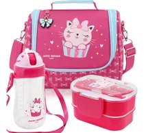 Lancheira Bolsa Térmica Infantil Escolar + Marmita + Garrafi Cor Pink