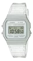 Reloj De Pulsera Casio Collection F-91 De Cuerpo Color Plateado, Digital, Para Hombre, Fondo Gris, Con Correa De Resina Color Transparente, Dial Negro, Minutero/segundero Negro, Bisel Color Plateado Y