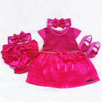 Vestido Luxo Rn A 8 Meses Renda Baby Kit 5 Pçs Linda Menina