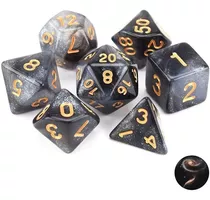 Dados Rpg - Nebulosa Glitter Cinza Com Preto C/n° Dourado