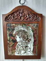 Antiguo Azulejo Art Nouveau Enmarcado En Madera 