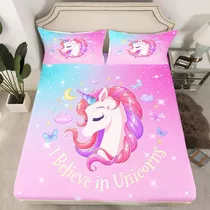 Sabana + 2 Fundas De Almohada De Unicornio Rosa