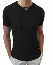 Camiseta Slim Fit Gola V Capuz Cordão Básica Manga Curta