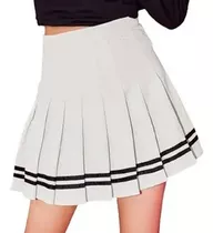 Saia Pregueada Branca Listra Preta Colegial Cosplay Lolita