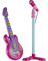 Guitarra Rosa Infantil Pedestal Microfone Musical 12 Sons