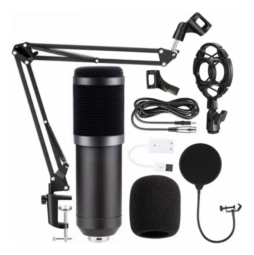 Set Micrófono Condensador Kit Grabación Brazo Articulado Usb Color Negro