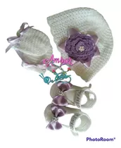 Conjunto Gorro, Zapatos Y Manoplas Tejido A Mano