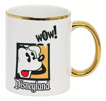 Caneca Branca Borda Ouro Mickey Mouse Wow Disneyland Retro