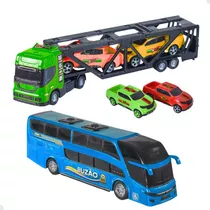 Miniatura Caminhão Cegonha + 4 Carrinhos + Ônibus Bs Toys