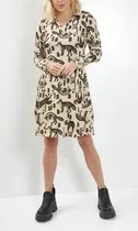 Vestido Mujer Lanilla Estampada Escote V Corto Manga Larga