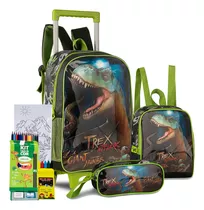 Kit Escolar Infantil T-rex Mochila Carrinho Estojo Lancheira