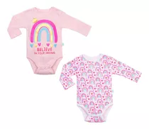 Set 2 Piezas Bodys Manga Larga Bambino  Arcoiris Rosado