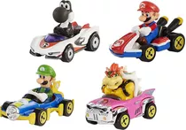 Hot Wheels Mario Kart Pack X4 Bowser, Mario, Luigi, Yoshi Color Rojo