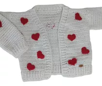 Cardigan De Niña Tejido A Crochet Con Corazones Talle 10 