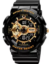 Reloj Deportivo Hombre Burk 1688 Luz Alarma Cronometro ! Color De La Malla Negro Color Del Bisel Dorado