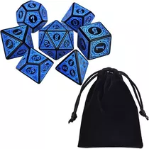 Kit 7 Dados Rpg Azul D&d Runas D4 D6 D8 D10 D10% D12 D20