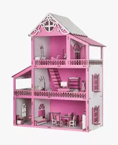 Casa Casinha De Boneca Polly Mdf + 25 Móveis Rosa E Branca