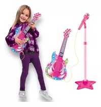 Guitarra Infantil Som Luz Microfone Menina Rock Show Dm Toys