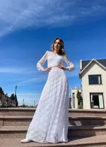 Vestido Novia Blanco Manga Larga Encaje Espalda Descubierta