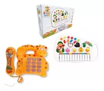 Kit Piano Infantil Tecladosons Bichoanimal +telefonegirarafa Cor Branco E Amarelo Pilhas