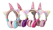 Headphone De Ouvido Sem Fio Infantil Unicórnio Bluetooth P2 Cor Azul Com Rosa Luz Colorido