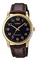 Reloj Pulsera Casio Enticer Mtp-v001 De Cuerpo Color Dorado, Analógico, Para Hombre, Fondo Negro, Con Correa De Cuero Color Marrón, Agujas Color Dorado, Dial Dorado, Minutero/segundero Dorado, Bisel C