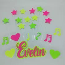 Topo De Bolo Star Neon Estrela Coração Musical Personalizado