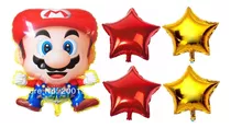 Kit C/5 Balão Super Mario Bros + Estrelas Vermelho Dourado