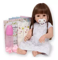 Bebe Tipo Reborn Menina Gatinha Vestido Branco + Acessórios