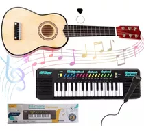 Kit Mini Violão Infantil De Madeira + Piano Teclado Musical 