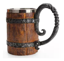 Taza Tazon Mug Barril Cerveza Acero Inoxidable 460ml Vikingo Color Madera