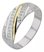 Anillo Tres Lineas Diagonal Plata 925 Y Oro 18kt Con Piedras