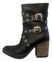 Botas Botineta Mujer Negro Hebilla Cierre Tachas Taco Comoda