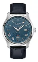 Reloj Bulova Wilton Gmt Para Caballero, Original E-watch Color De La Correa Negro Color Del Bisel Plata Color Del Fondo Azul