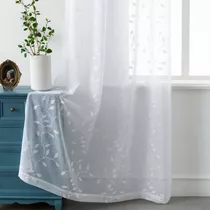 Linen Look Grommet Sheer White Curtains Leaf Embroidere...