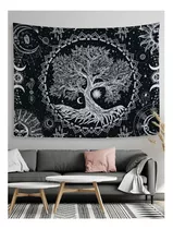 Tapiz Textil Arbol De La Vida, Blanco Negro Con Luna Sol