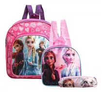 Mochila Escolar Frozen 2 Anna E Elsa Costas Lancheira+estojo Cor Rosa