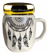 Taza Tazón Cerámica Con Tapa Diseño Mandala Atrapa Sueños