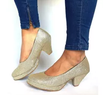 Sam123 Zapatos Taco Fiesta Cuero Talles Grandes 6580 Oro Myn