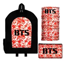 Combo Mochila + Cartuchera + Cuello Bts Kpop Bangtan Flores