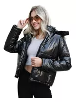 Campera Mujer Metalizada  Abrigada Puffer Negro Con Capucha 