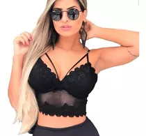 Top Feminino Cropped Strappy Renda Com Tira Dupla Com Bojo