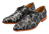 Zapatos Hombre Cuero Grabado Animal Print Negro Leopardo 