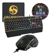 Kit Teclado Gamer Mecânico Switch Blue Abnt2 + Mouse Gamer Ergonômico Dpi 12800 Led Rgb Usb Mousepad Para Pc Fire Phoenix Bk-04 Cor Preto