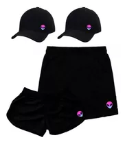 Kit Casal Namorado Short Tactel Moda Praia Bermuda Boné Love